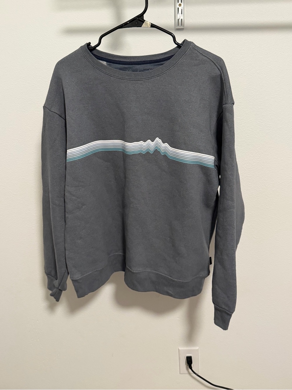 Patagonia Dark Gray Crewneck with White and Teal Stripe Wave
